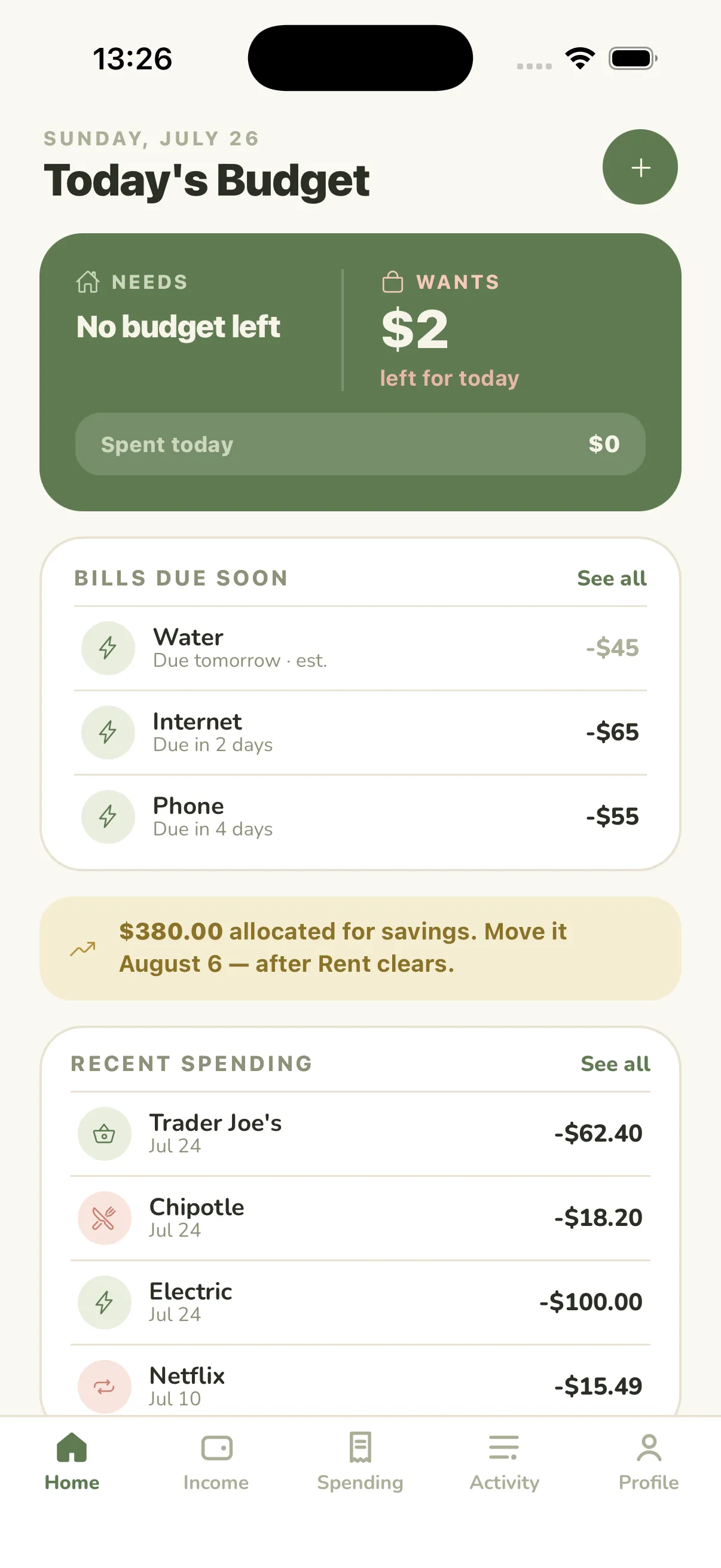 Amor Budget's Home tab showing today's Needs and Wants budget, upcoming bills, and recent spending